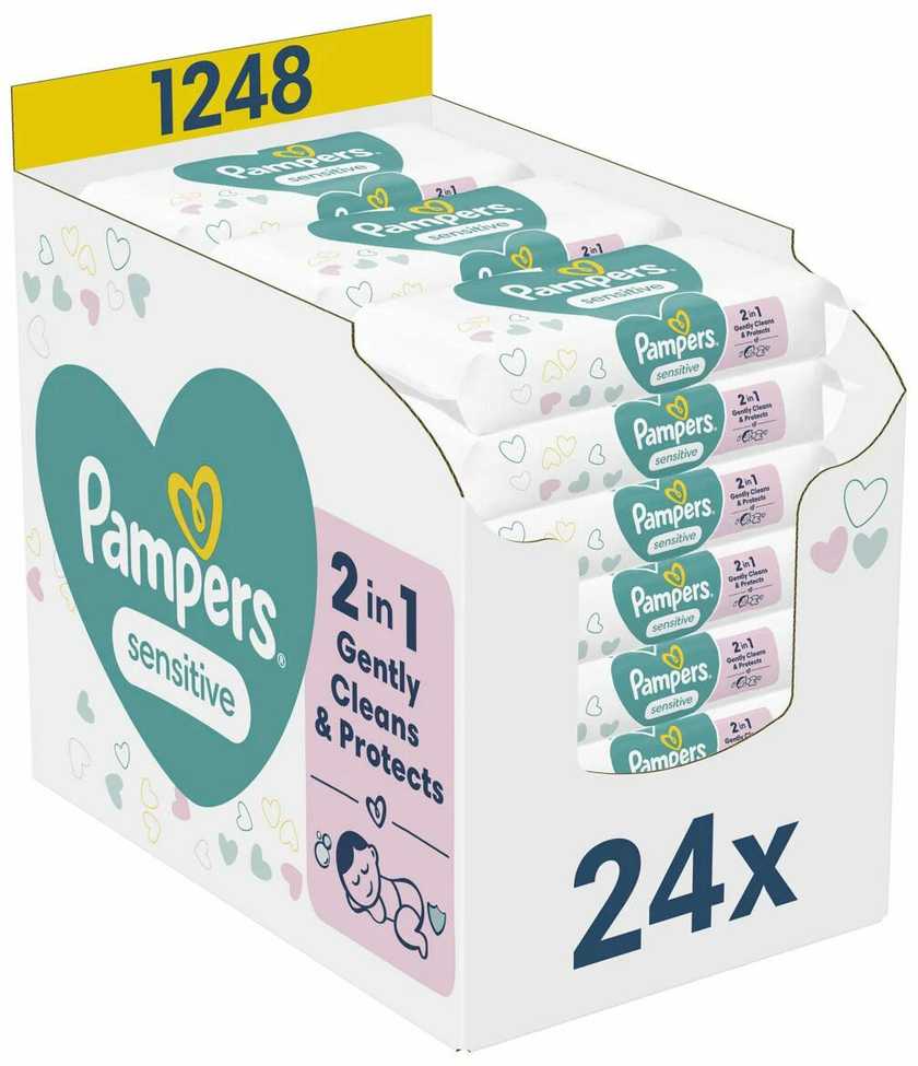 Servetėlės kūdikiams Pampers Sensitive Plastic Free, 24 pakuotės, 1248 servetėlės