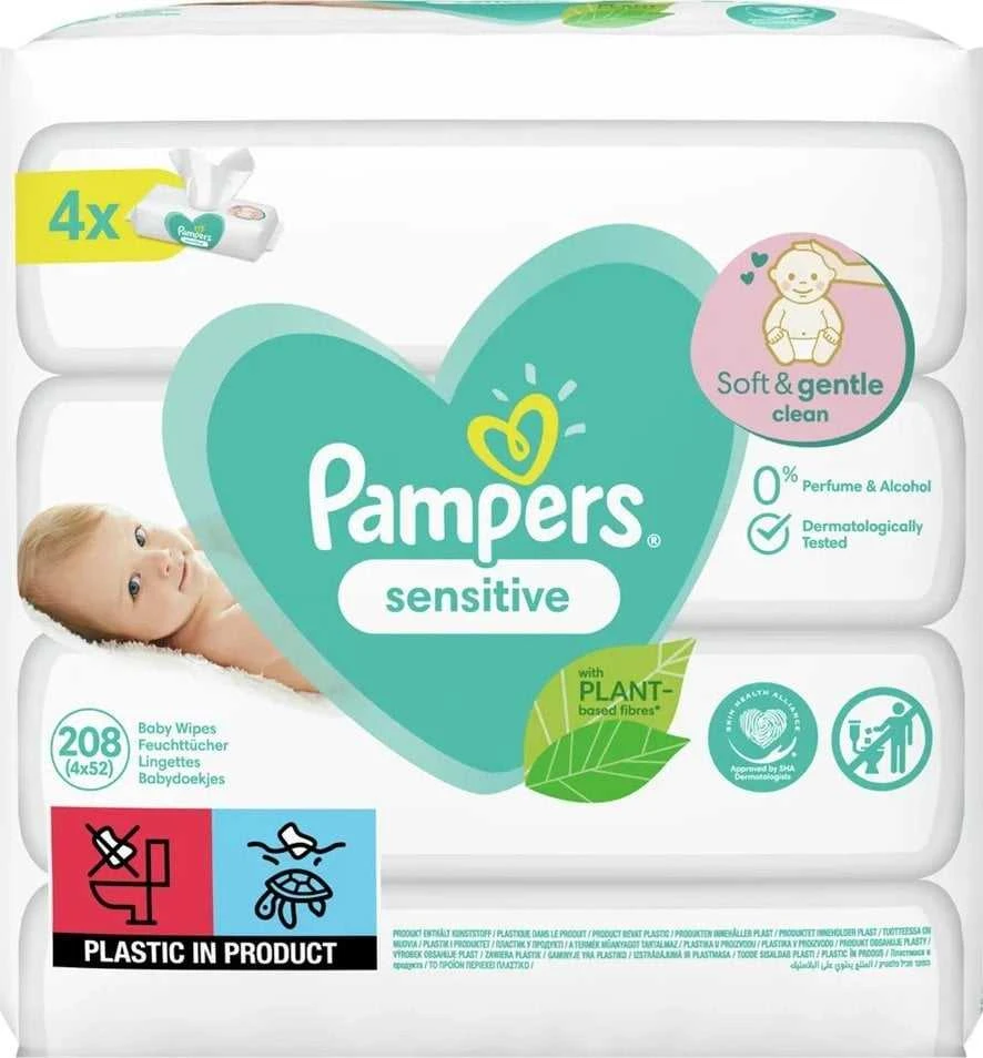 Servetėlės kūdikiams Pampers Sensitive, 4 pakuotės, 208 vnt.