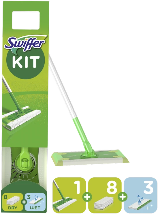 Swiffer Sweeper Starter Kit XXL: grindų šluota + sausos šluostės (8vnt.) + šlapios šluostės (3vnt.)
