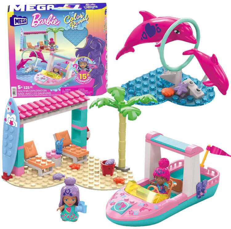 Mega Bloks Mattel 121 dalių MEGA Barbie spalvų atskleidimo blokeliai Nuotykių su delfinais už5425