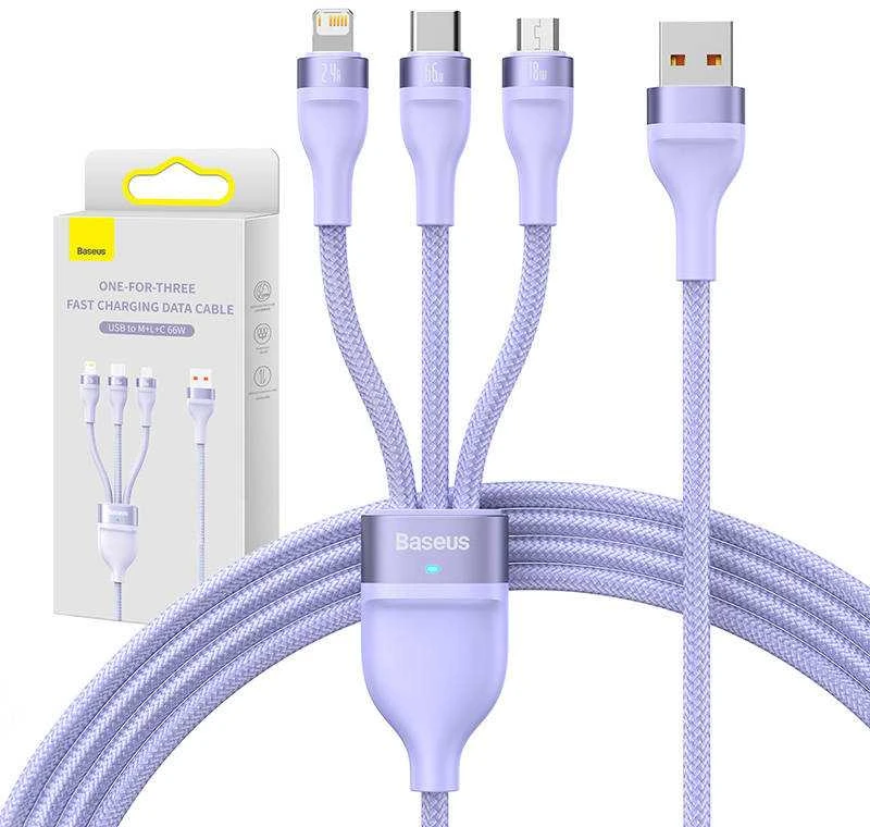 3in1 USB laidas Baseus Flash Series II, USB-C + mikro USB + Lightning, 66 W, 1.2 m (violetinė)