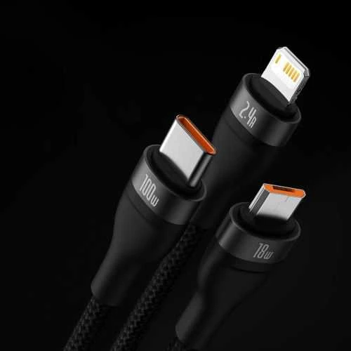 Baseus Flash Series 3in1 USB laidas USB-C + micro USB + Lightning 100W 1.2m – Juodas
