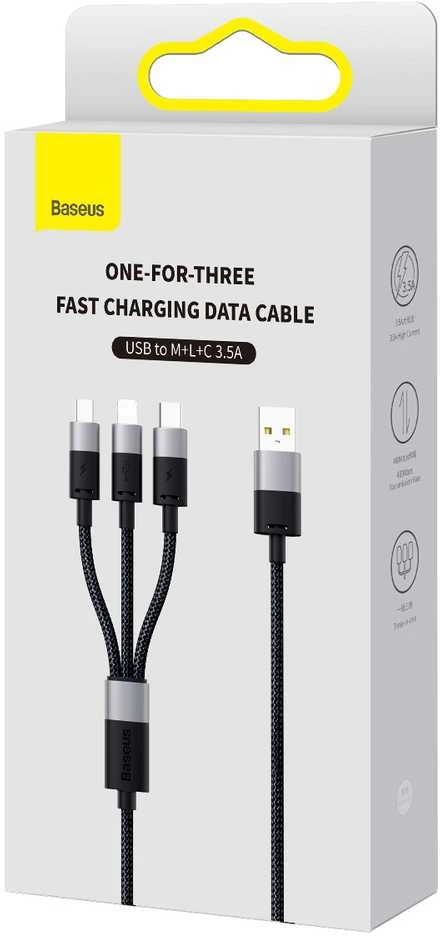3in1 USB laidas Baseus StarSpeed Series, USB-C + Micro + Lightning 3.5A, 1.2m (juodas)