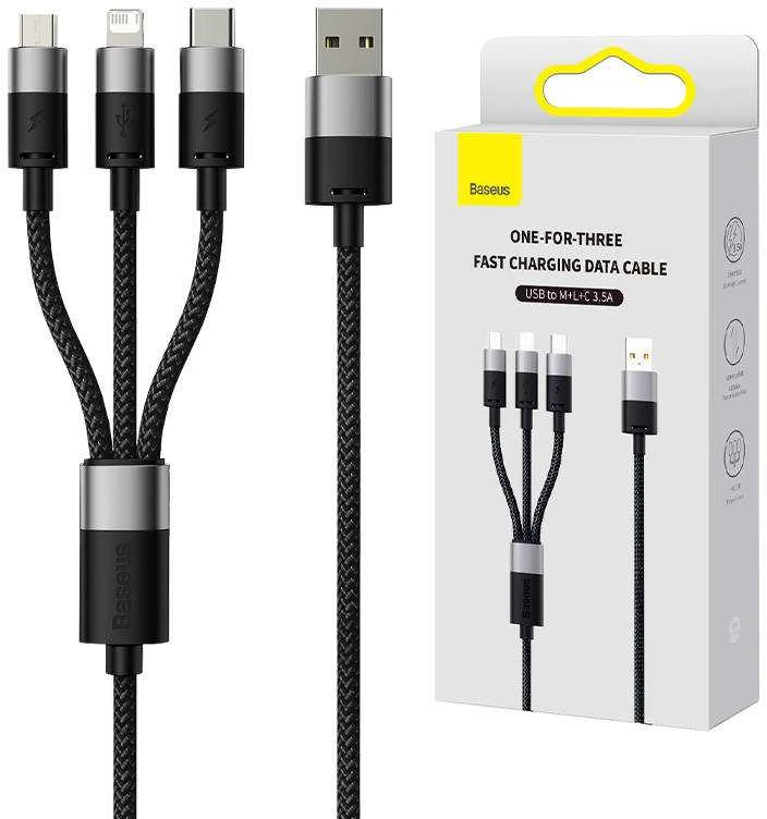 3in1 USB laidas Baseus StarSpeed Series, USB-C + Micro + Lightning 3.5A, 1.2m (juodas)