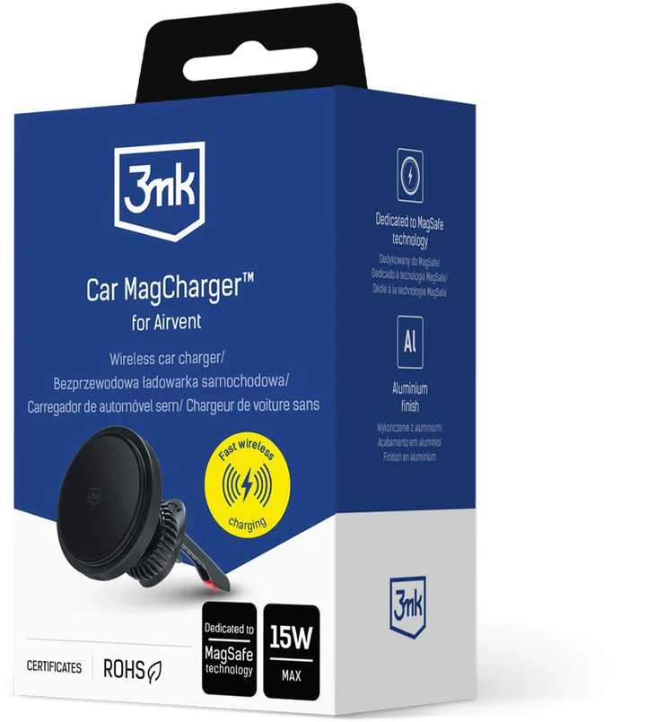 3MK Car MagCharger 15W indukcinio įkrovimo laikiklis ventiliacijos angai juodos spalvos