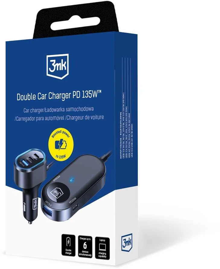 3Mk apsaugos priedai - 3mk dvigubas automobilinis įkroviklis 135W PD QC PPS USB 2A4C Juodas/Pilkas