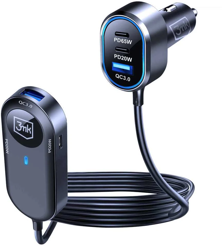 3Mk apsaugos priedai - 3mk dvigubas automobilinis įkroviklis 135W PD QC PPS USB 2A4C Juodas/Pilkas