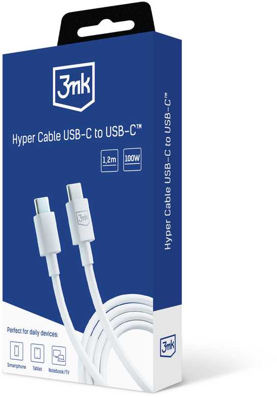 3MK Hyper Kabelis USB-C - USB-C 100W 1.2m baltos spalvos Kabelis