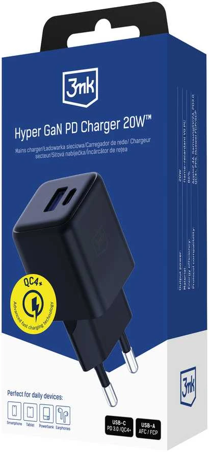 3Mk Protection 3mk Hyper GaN įkroviklis 20W QC4+ PD PPS USB-C USB-A sieninis įkroviklis - Juodas