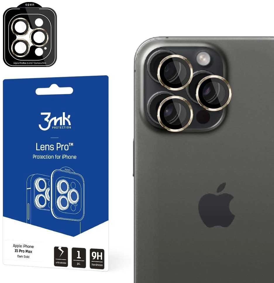 Apsauginis stiklas telefono kamerai Apple iPhone 15 Pro Max 3MK Lens Protection Pro aukso spalvos