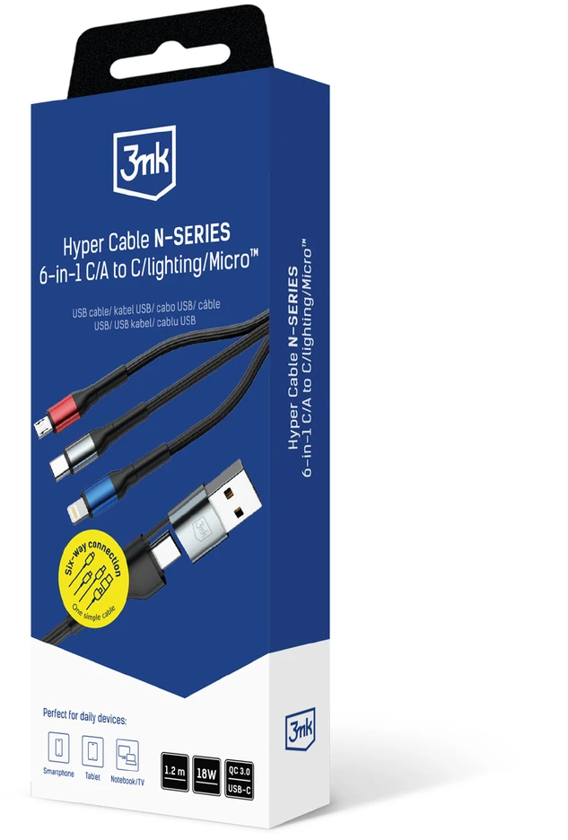 3Mk apsaugos priedai - 3mk Hyper Cable N-SERIES 6 in 1 C/A į C/Lightning/Micro 1.2m QC 3.0 9V/2A 18W Juodas