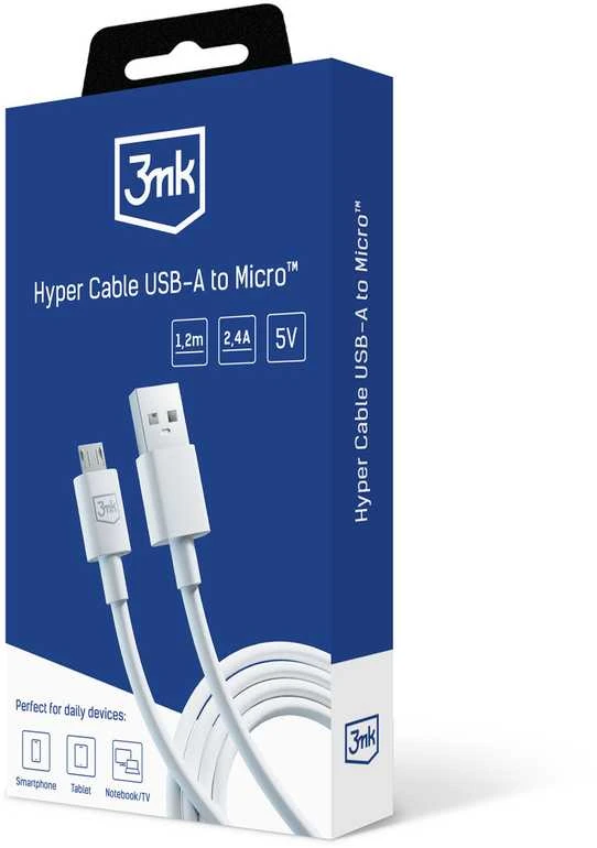 3MK Hyper Cable USB-A – Micro USB 1,2 m 5 V 2,4 A Baltas kabelis