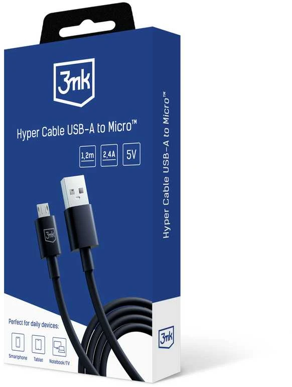 3MK Hyper Cable USB-A – Micro USB1.2m 5V 2,4A juodos spalvos cable