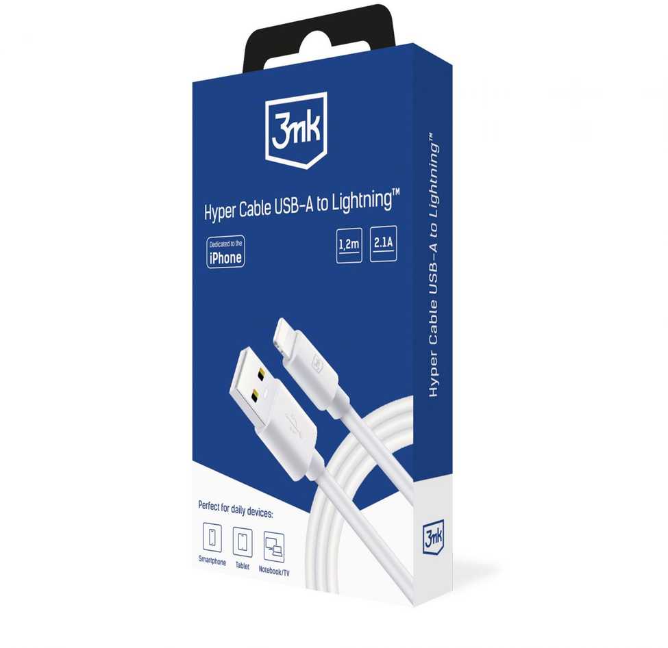 3MK Hyper Cable USB-A į Lightning 1.2m 5V/2.1A 12W baltos spalvos
