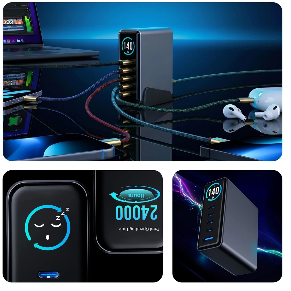 3Mk Protection 3mk InCharge Stalinis įkroviklis Lumin PD3.2 140W QC5 PPS AFC FCP SCP 1A4C TFT Ekranas GaN3 Juodas