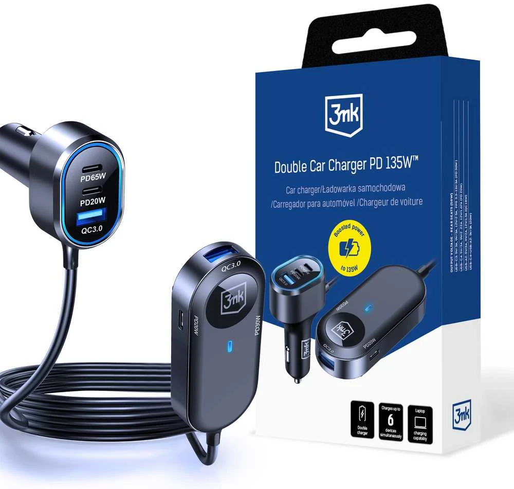 3Mk apsaugos priedai - 3mk dvigubas automobilinis įkroviklis 135W PD QC PPS USB 2A4C Juodas/Pilkas