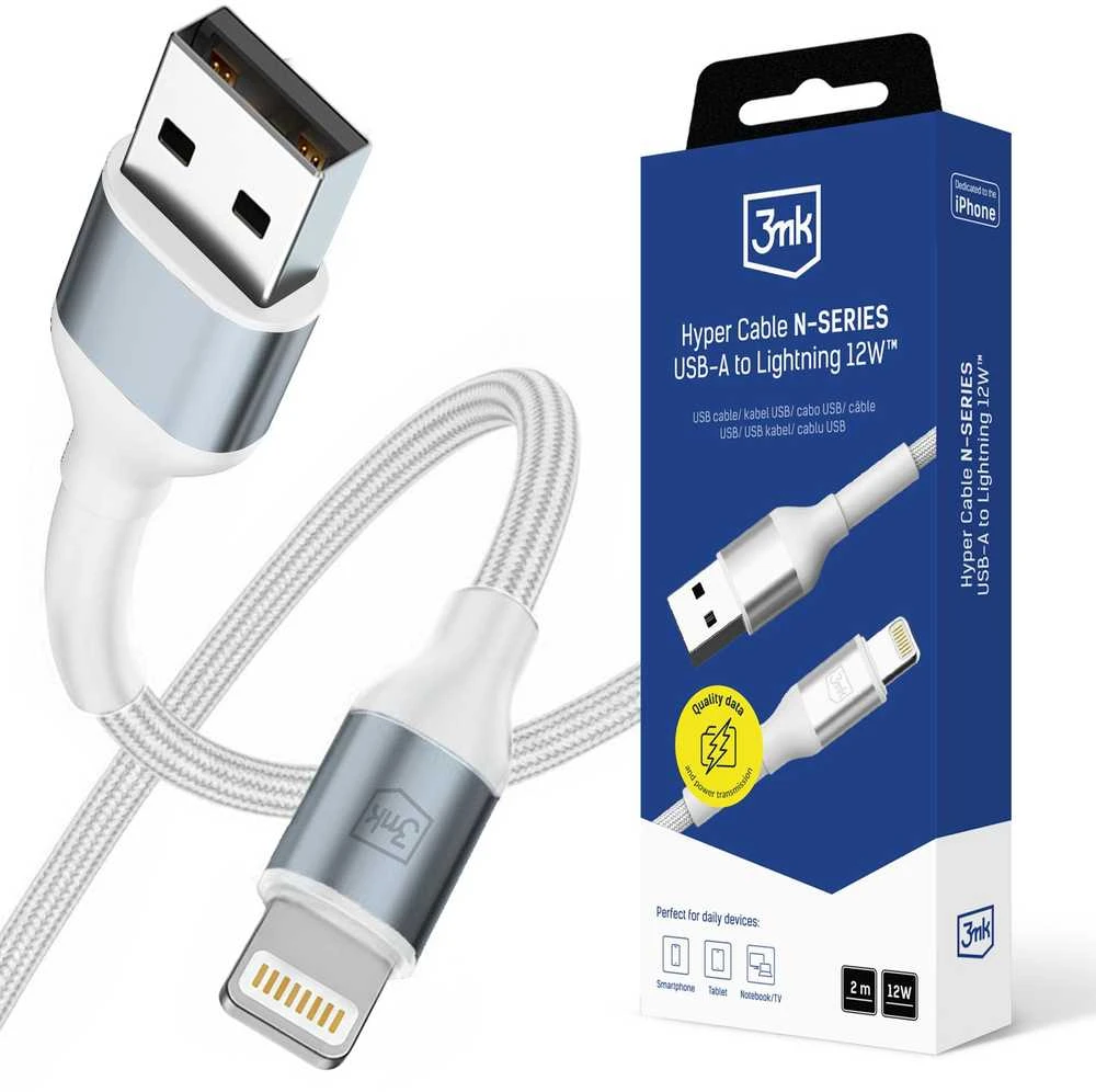 3Mk apsauga 3mk 3mk kabelis 3mk Hyper kabelis N-SERIES USB-A / Lightning 2m 5V/2.4A 12W / baltas