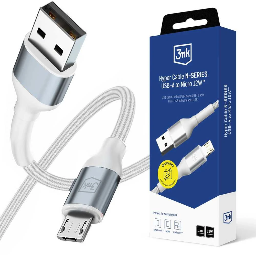 3Mk Protection 3mk Hyper Cable N-SERIES USB-A / MicroUSB 1m 5V/2.4A 12W / baltas