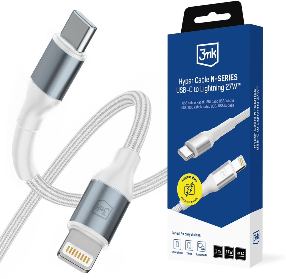 3Mk Protection 3mk Hyper Cable N-SERIES USB-C / Lightning 1m PD 3.0 9V / 3A 27W - baltas