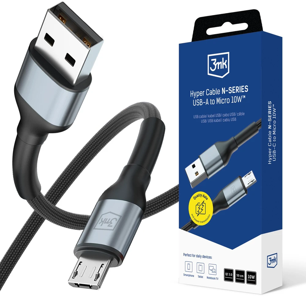 3Mk Protection 3mk Hyper Cable N-SERIES USB-A / MicroUSB 50cm QC 3.0 5V/2A 10W - juodas