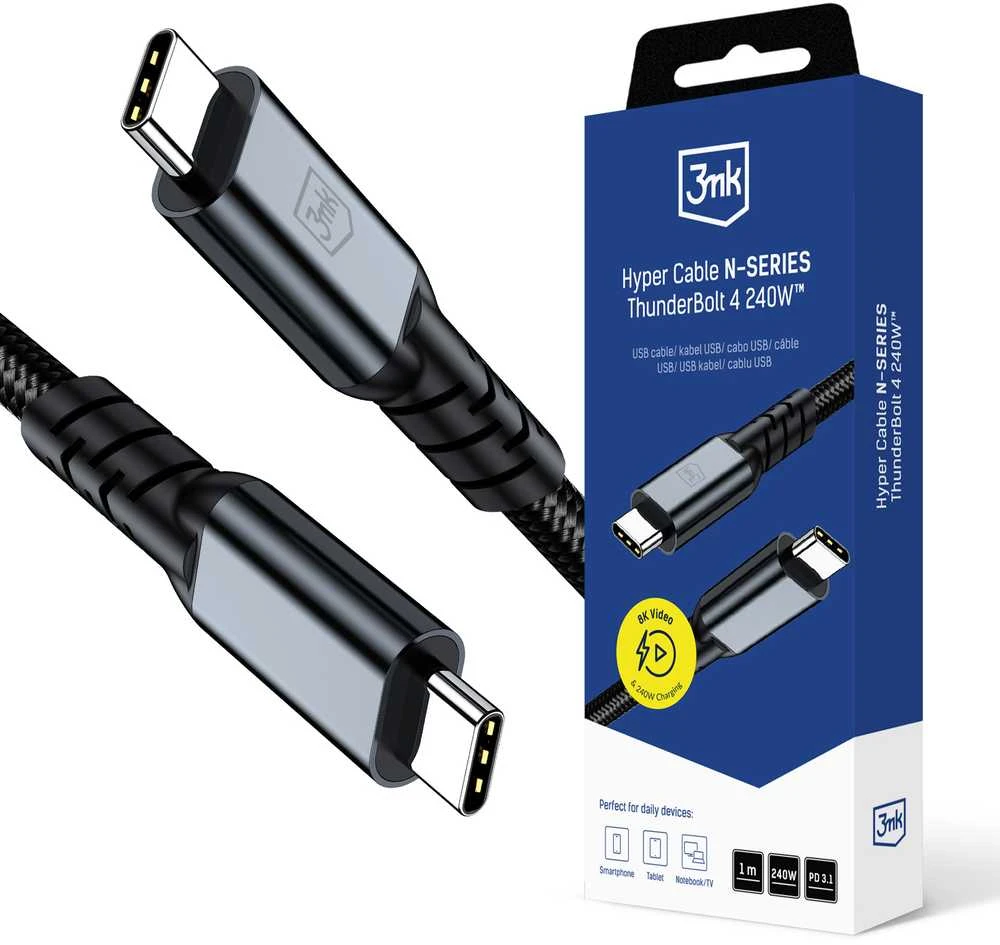 3Mk apsaugos priedai - 3mk Hyper Cable N-SERIES Thunderbolt 4 1m 48V/5A 40Gb/s 240W 8K60Hz Juodas