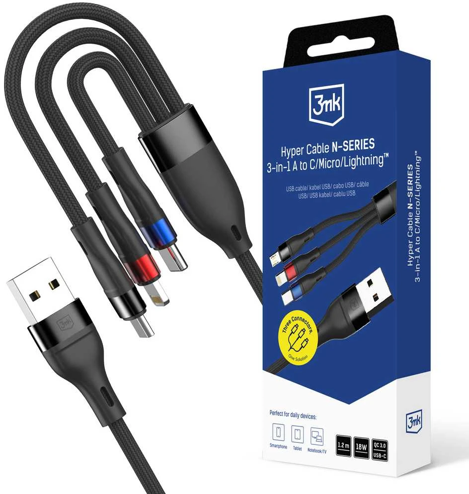 3Mk Protection 3mk Hyper Cable N-SERIES 3 in 1 USB-A / Lightning / Micro 1.2m 9V/2A 18W - juodas