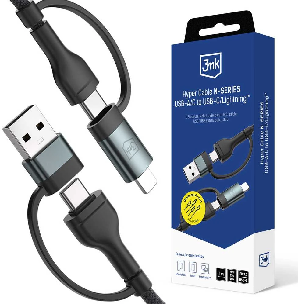3Mk Protection 3mk Hyper Cable N-SERIES 2 in 2 USB-A / USB-C ir USB-C / Lightning 1.2m QC 3.0 9V/2A 60W - juodas