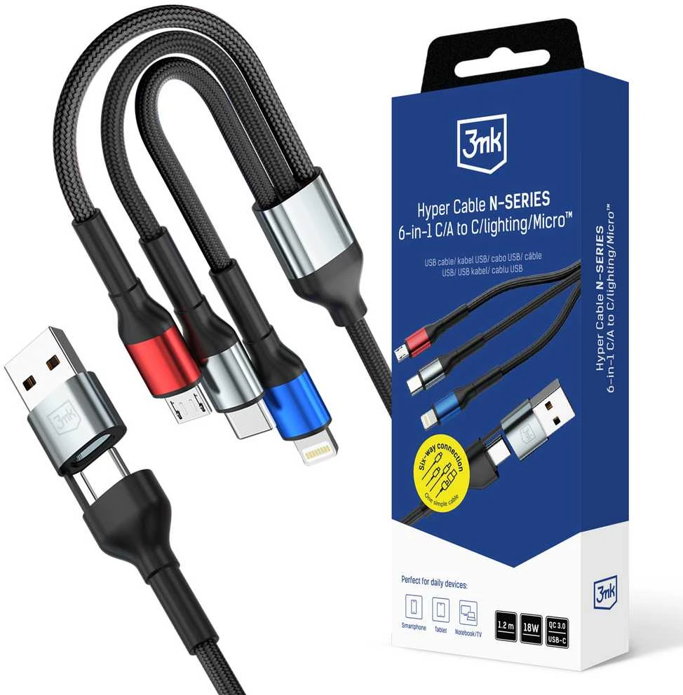 3Mk apsaugos priedai - 3mk Hyper Cable N-SERIES 6 in 1 C/A į C/Lightning/Micro 1.2m QC 3.0 9V/2A 18W Juodas