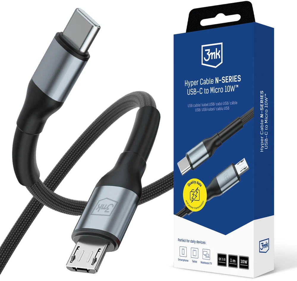 3Mk Protection 3mk Hyper Cable N-SERIES USB-C / MicroUSB 1m QC 3.0 5V/2A 10W - juodas