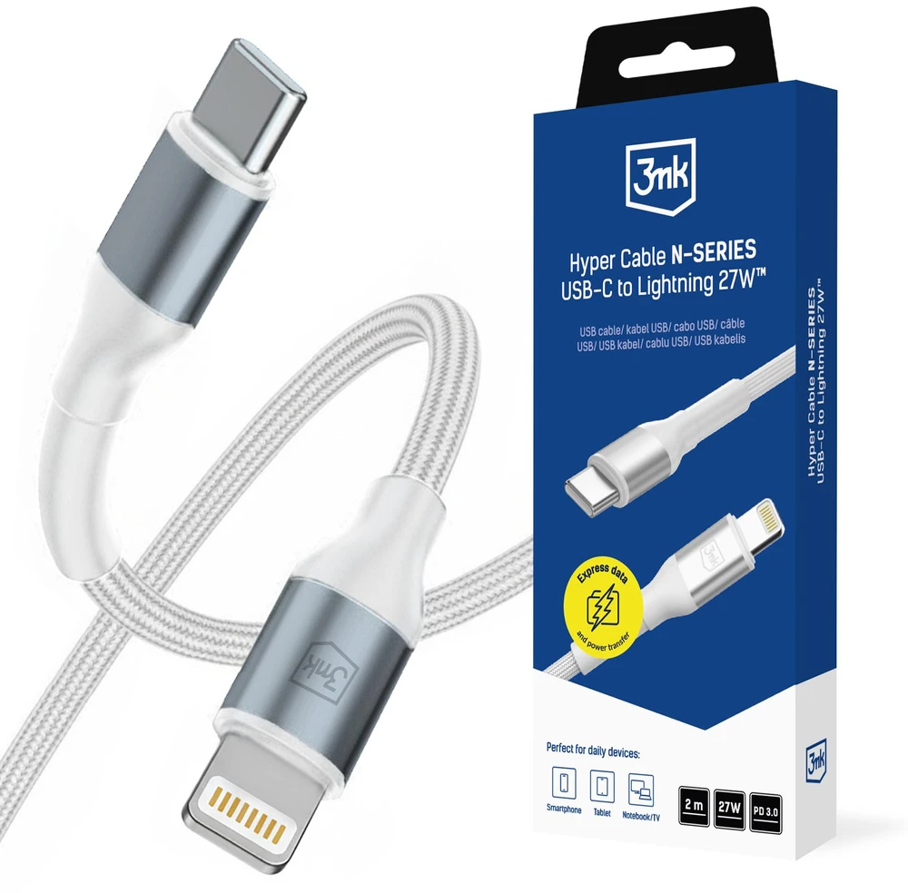 3Mk apsaugos priedai - 3mk Hyper Cable N-SERIES C - Lightning 2m PD 3.0 9V/3A 27W Baltas