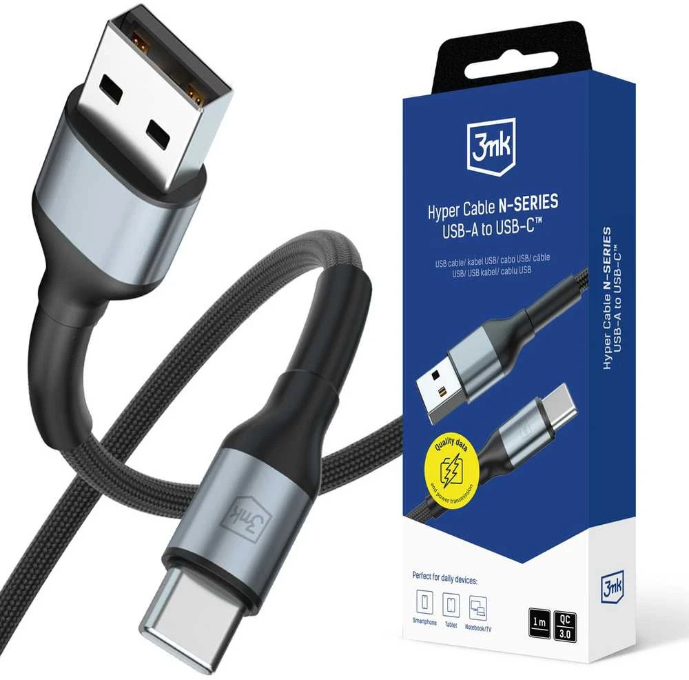 3Mk apsauga 3mk Hyper kabelis 3mk Hyper kabelis N serijos USB-A / USB-C 1m 9V/2A 18W QC 3.0 / juodas