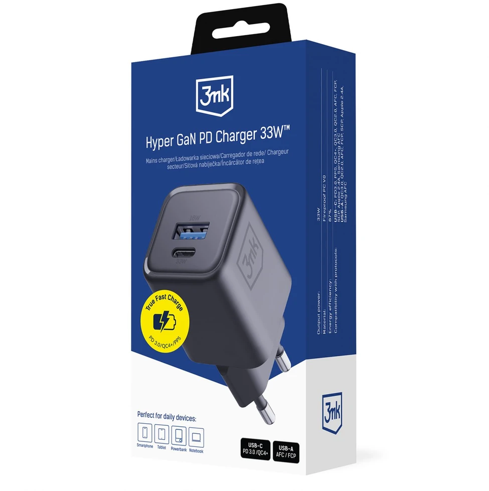 3Mk apsaugos priedai - 3mk Hyper Charger PD 33W GaN QC4+ PPS AFC FCP SCP 1A1C Juodas