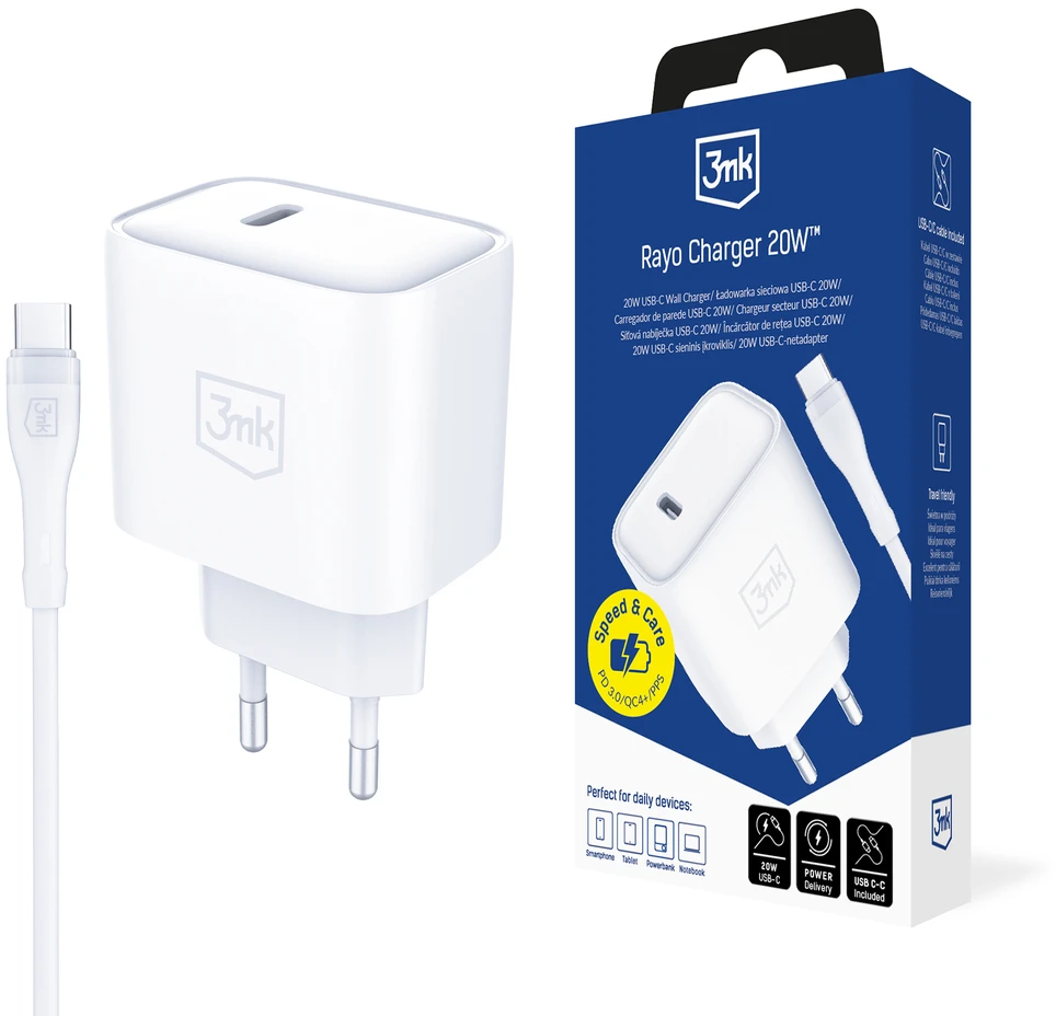 3Mk Protection 3mk Rayo Charger 20W PD3.0 PPS USB-C Wall Charger + USB-C / USB-C 3A 60W Cable - Baltas