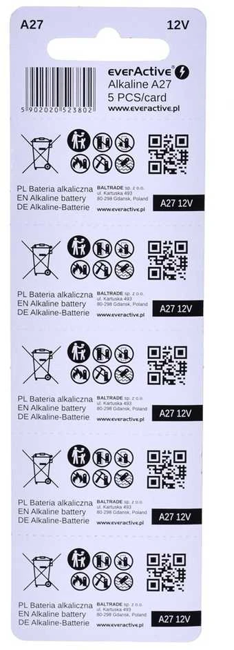 5 x šarminės baterijos „everActive 27A 12V“ – blisterinėje pakuotėje, 5 vnt.