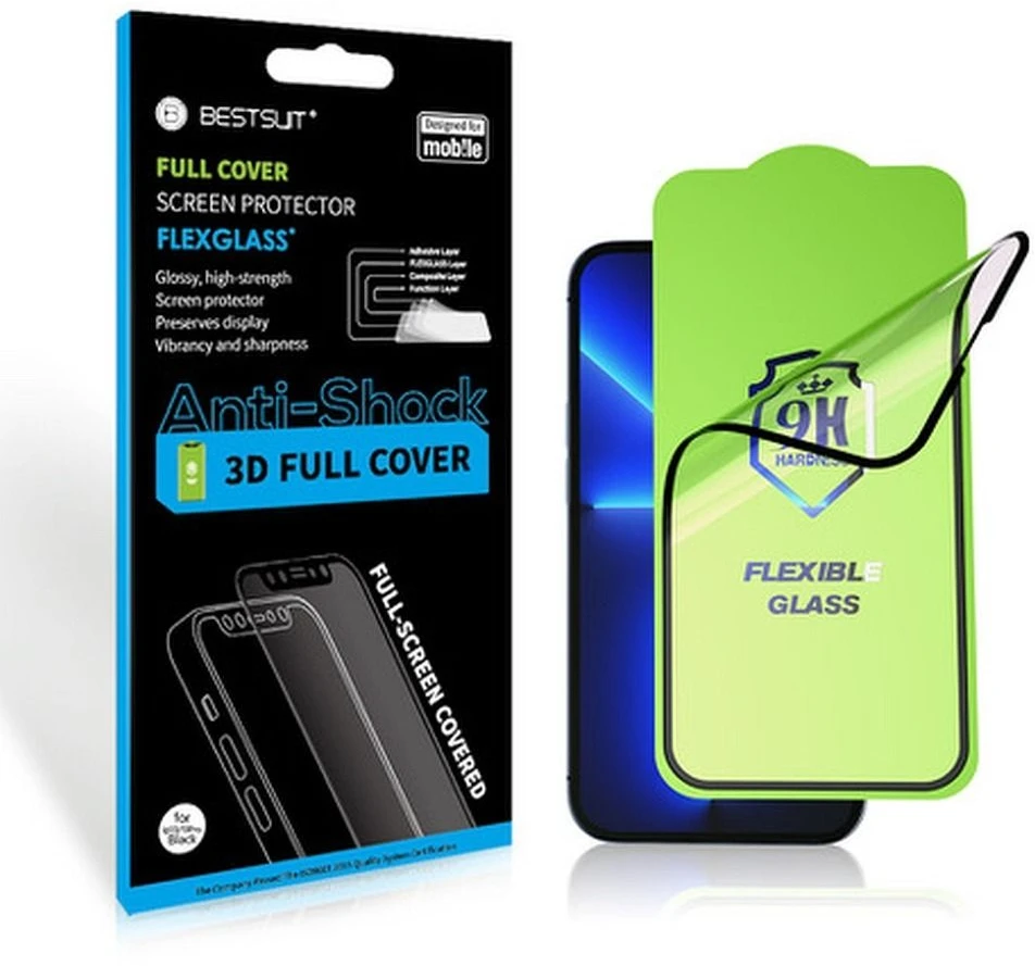 LCD apsauginis stikliukas Bestsuit Flexible Hybrid Glass 5D Apple iPhone 14/13/13 Pro pritaikytas dėklui juodas