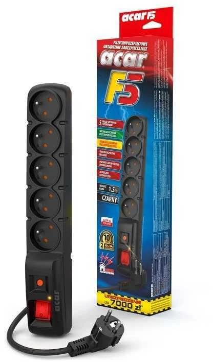 Prailgintuvas su apsauga Acar F5 juodas - 5 lizdai - 3m