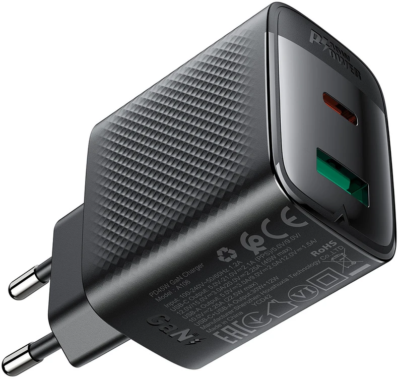 Acefast A106 GaN PD 45W USB-C USB-A Wall Charger - Juodas