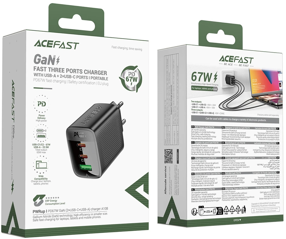 Acefast A108 GaN PD 67W 2xUSB-C 1xUSB-A Wall Charger - Juodas