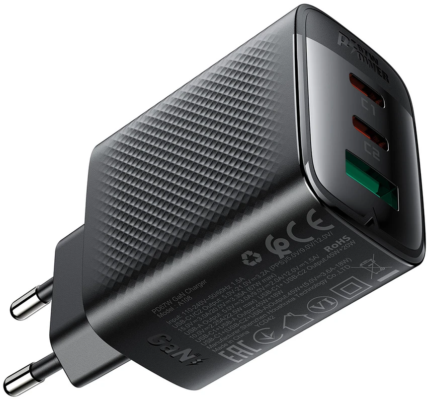 Acefast A108 GaN PD 67W 2xUSB-C 1xUSB-A Wall Charger - Juodas