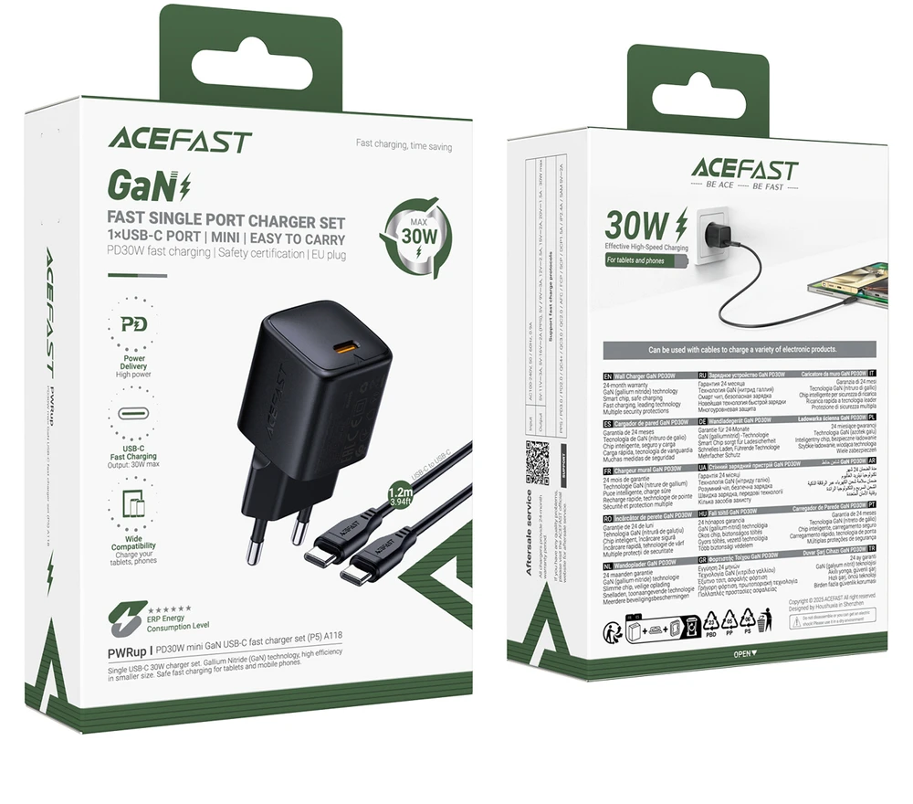 Įkroviklis Acefast A118 30W GaN USB-C + USB-C to USB-C cable 1.2m juodas