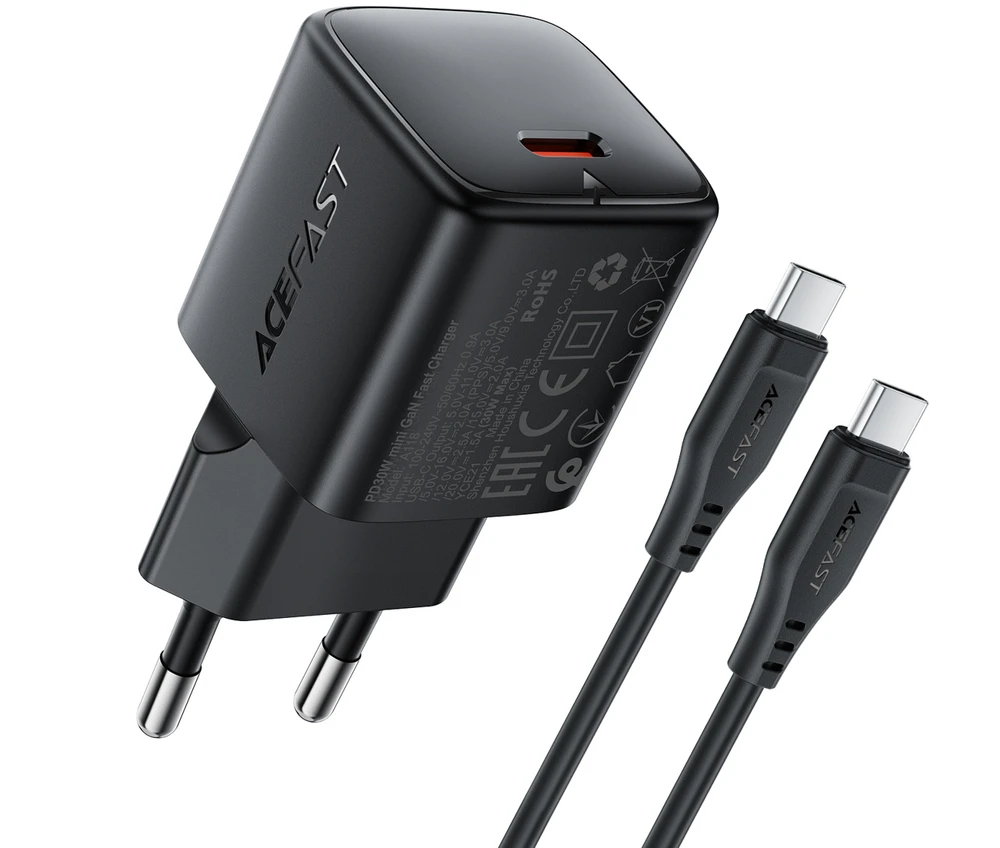 Įkroviklis Acefast A118 30W GaN USB-C + USB-C to USB-C cable 1.2m juodas