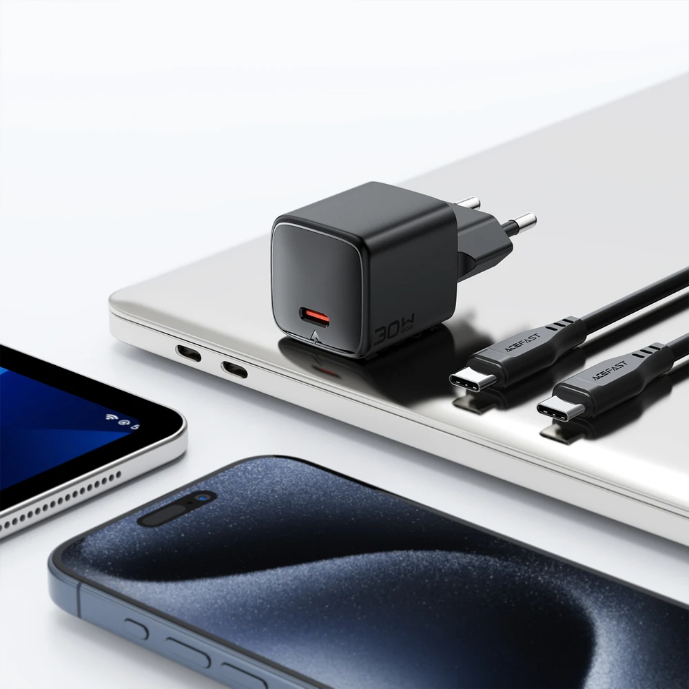 Įkroviklis Acefast A118 30W GaN USB-C + USB-C to USB-C cable 1.2m juodas