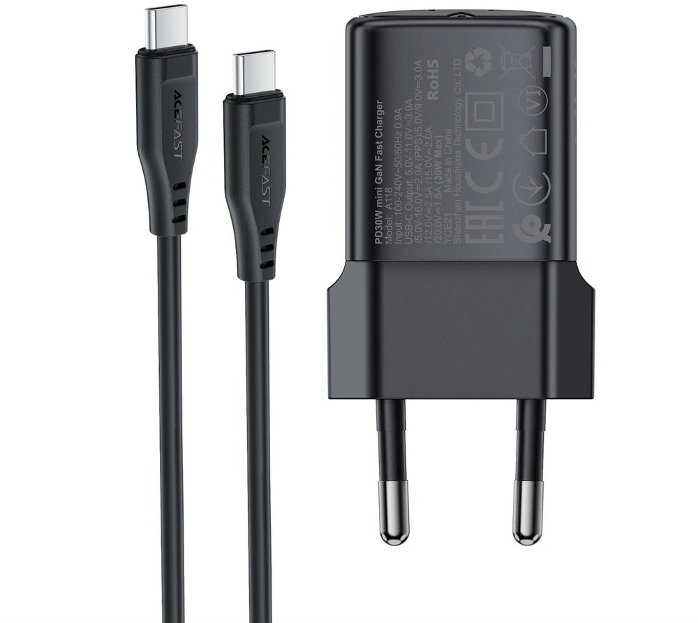 Įkroviklis Acefast A118 30W GaN USB-C + USB-C to USB-C cable 1.2m juodas