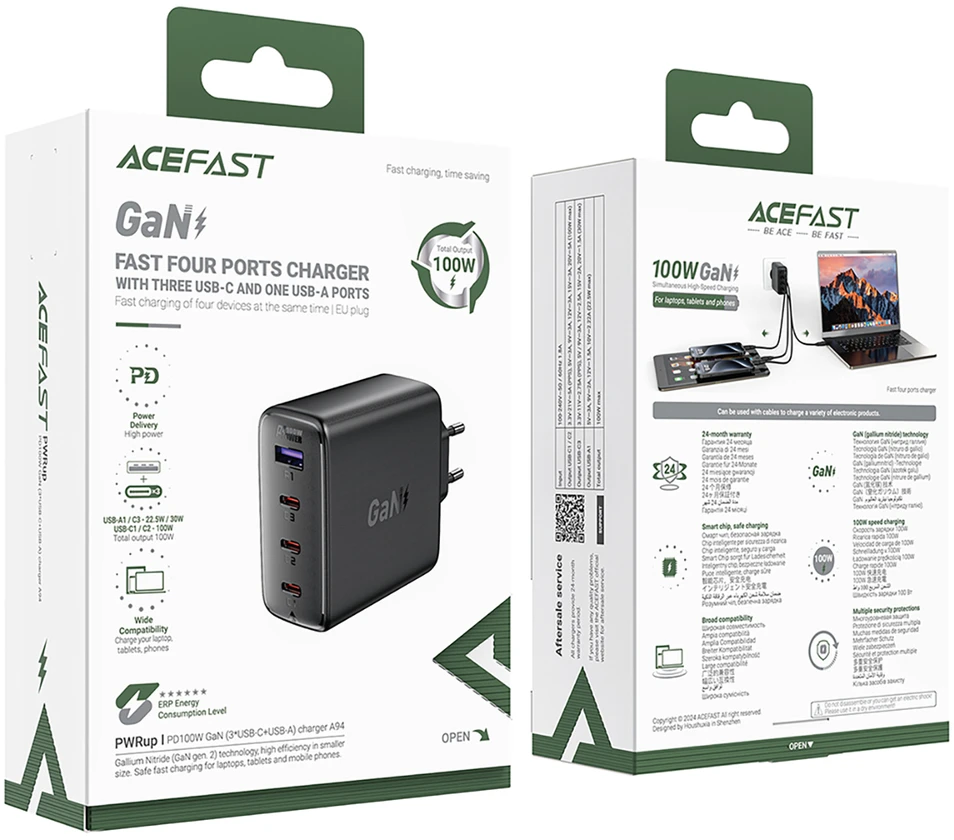Įkroviklis Acefast A94 100W GaN 3xUSB-C/USB-A juodas