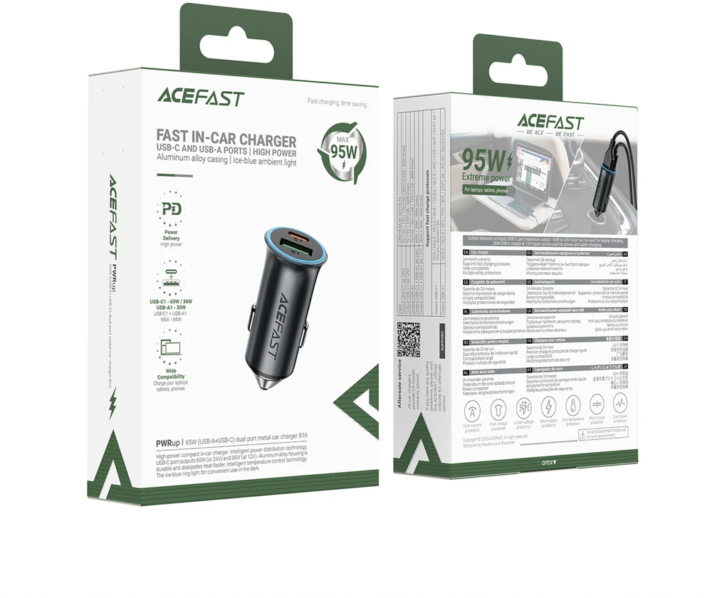 Automobilinis įkroviklis Acefast B16 95W USB-C/USB-A pilkas