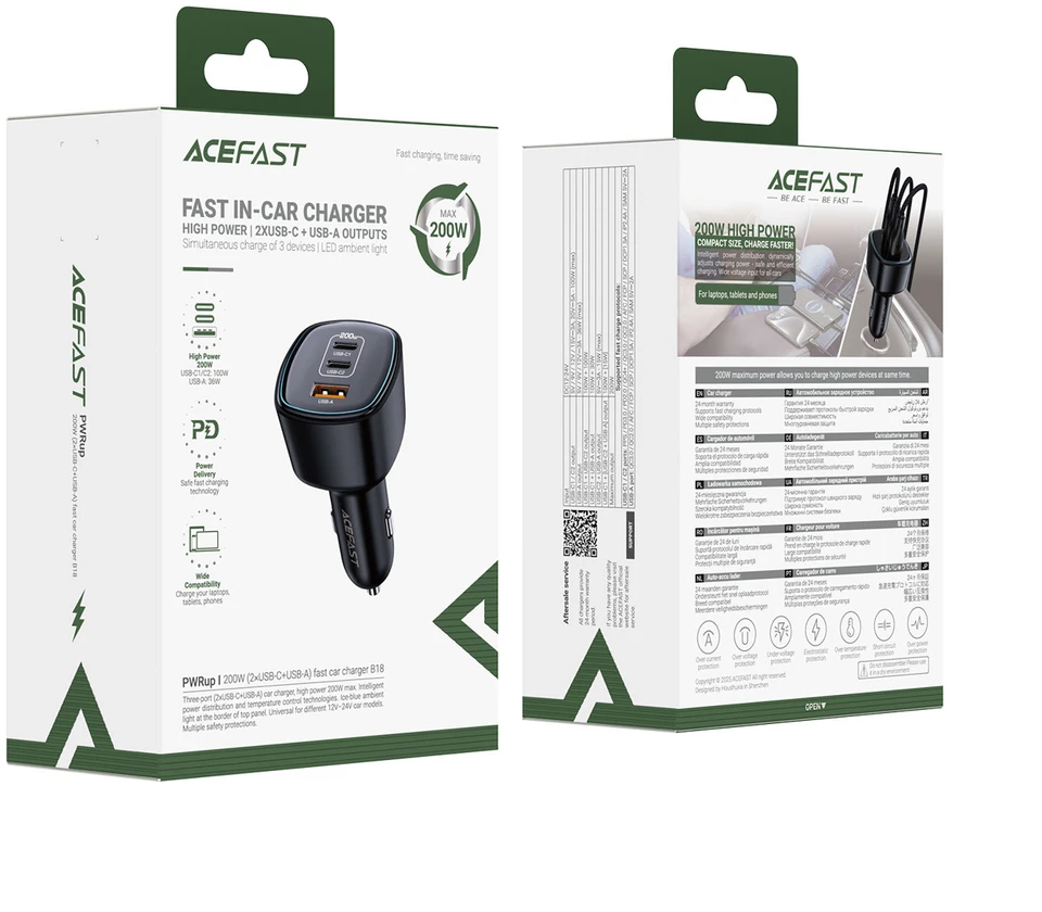 Acefast B18 200W Car Charger 2x USB-C + USB-A - Juodas