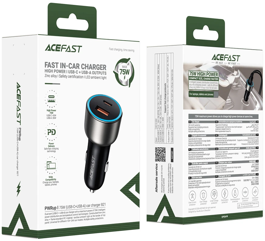 Acefast B21 75W USB-C + USB-A Car Charger - Juodas