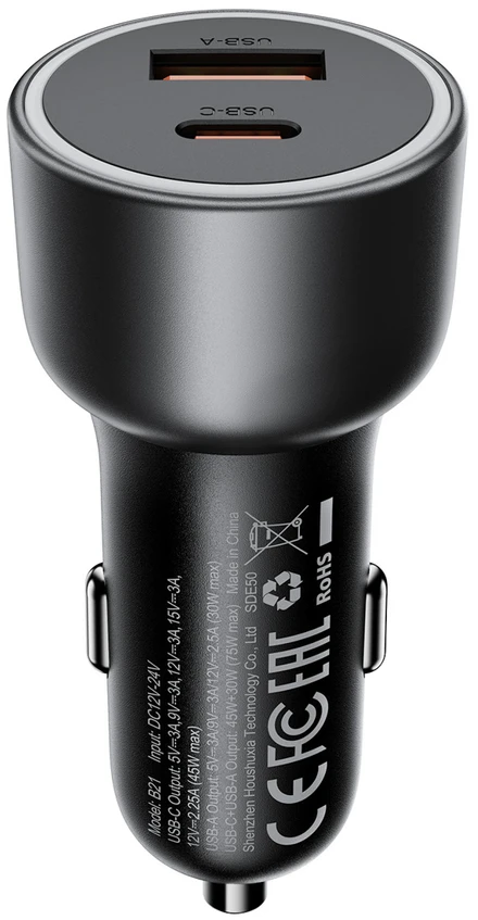 Acefast B21 75W USB-C + USB-A Car Charger - Juodas