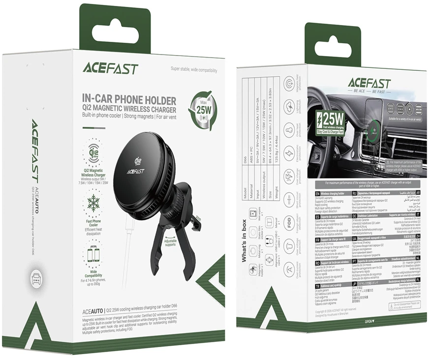 Acefast D66 Magnetic Car Air Vent Mount with Qi2 25W Wireless Charging and Cooling - Juodas