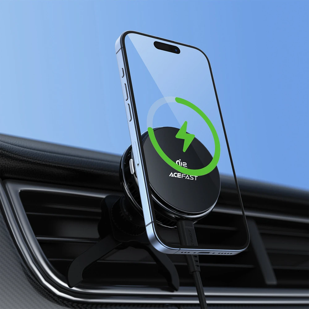 Acefast D66 Magnetic Car Air Vent Mount with Qi2 25W Wireless Charging and Cooling - Juodas